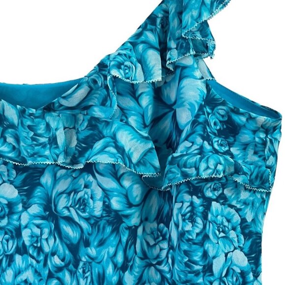 Ann Taylor Women's L Floral Ruffle Sleeveless Top 100% Silk Lined Teal Flowy - Picture 4 of 11